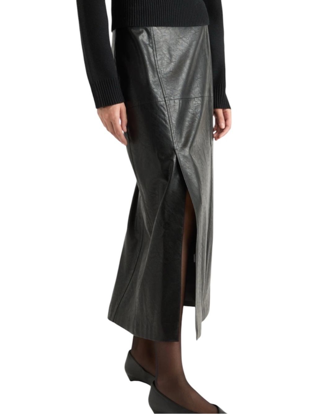 Black Faux Leather Midi Skirt with Front Slit